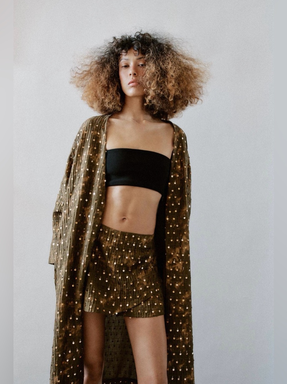Zara Olive Brown Sequined Kimono and skort set